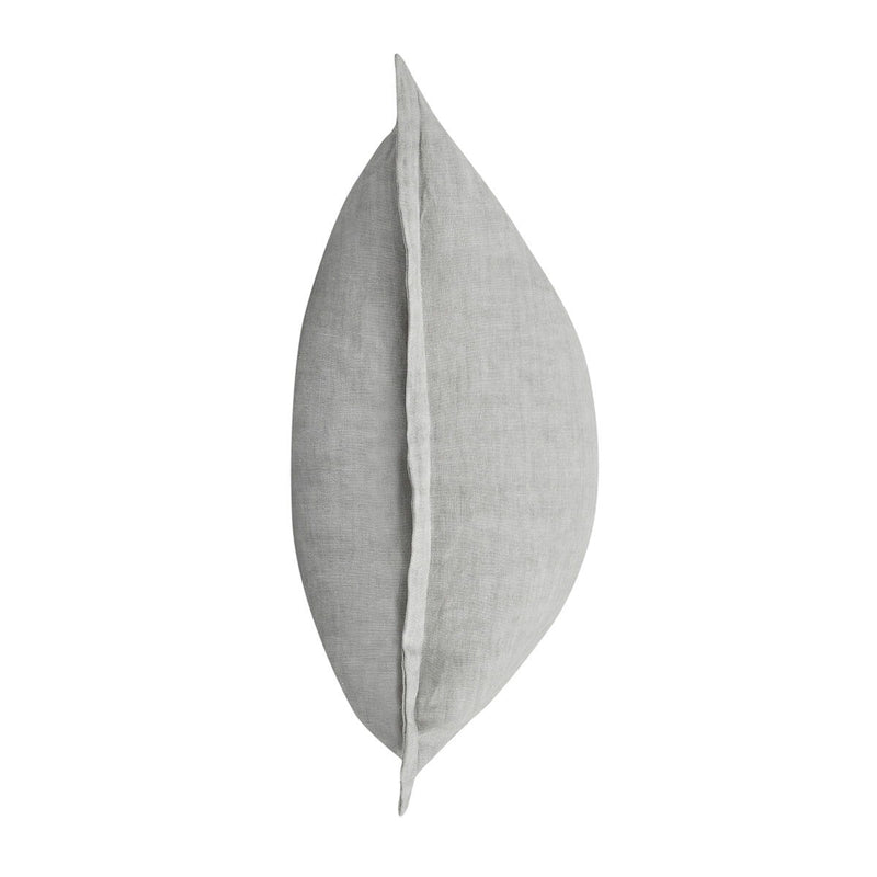 Gray pillow side view with seam detail and linen-like woven texture