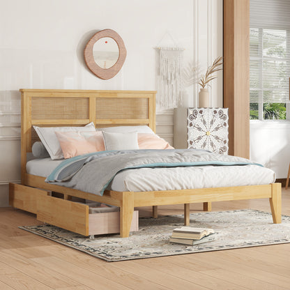 Full Size Bed with Rattan Headboard, Two Storage Drawers, Rubber Wood Bed with Enhanced Support Slats and Feet, White Oak, Coastal