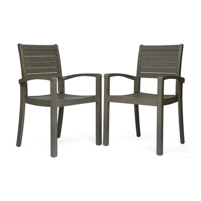 Dark gray stacking patio chairs with curved slat back and seat, two-pack