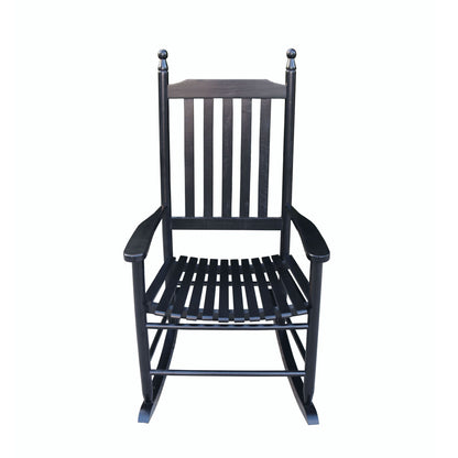 Black wooden rocking porch chair with vertical slat back, slatted seat, and dark seat pads.