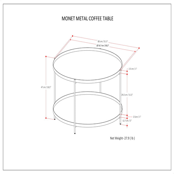 Monet metal coffee table size diagram with round top and lower shelf