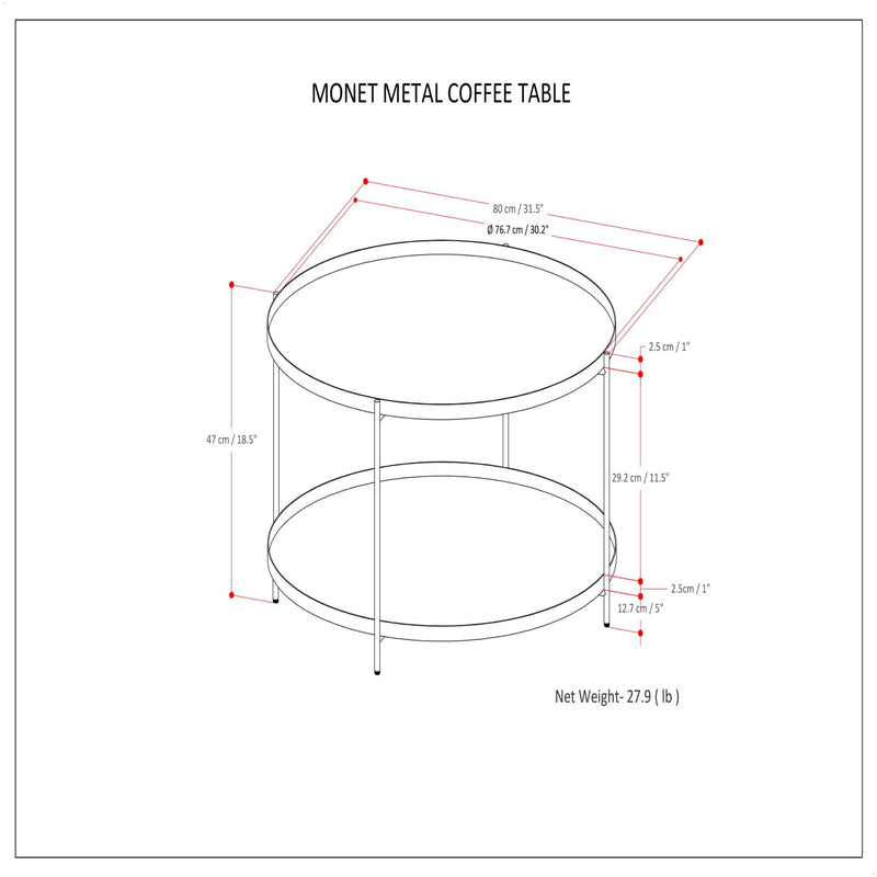 Monet metal coffee table size diagram with round top and lower shelf