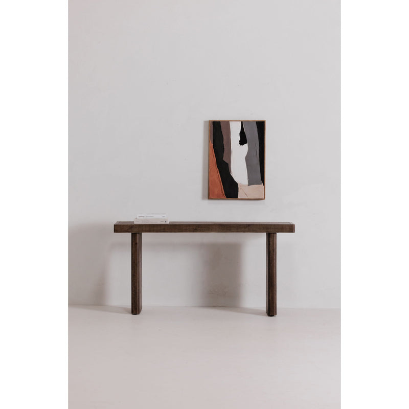 Aged brown console table with wide top and four tapered support legs