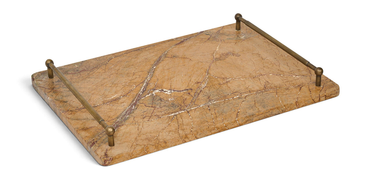 Brown marble serving tray with corner metal posts and fine vein pattern