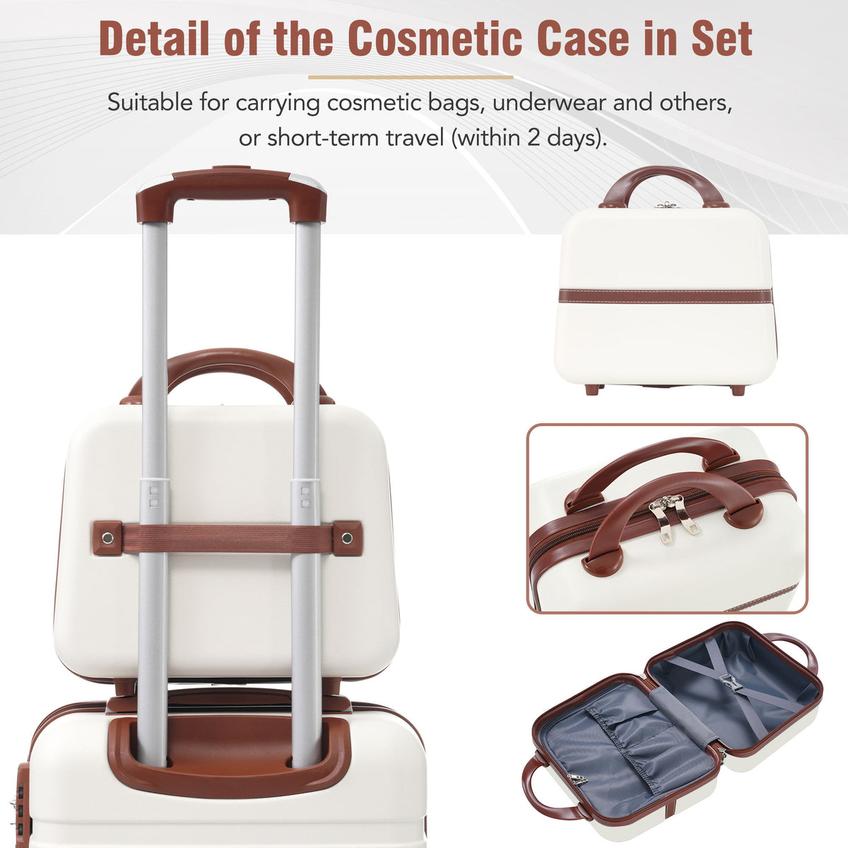 Cosmetic case set detail: white hardshell case with brown handle and open interior