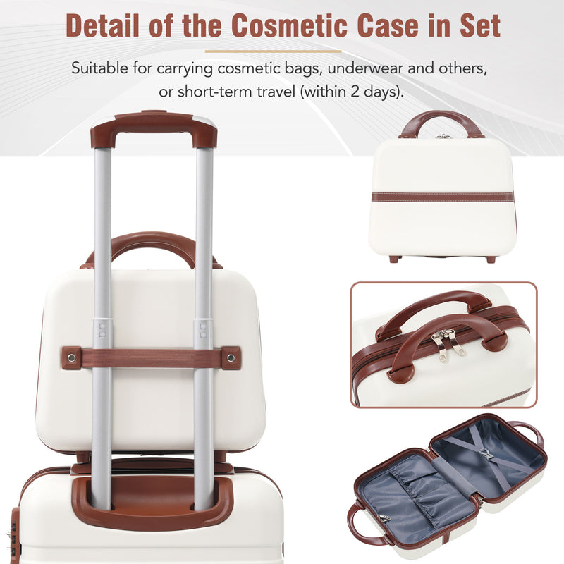 Cosmetic case set detail: white hardshell case with brown handle and open interior