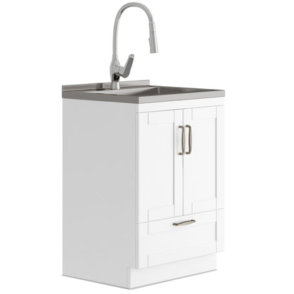 White laundry cabinet with stainless sink and pull-out faucet, two door storage and drawer.