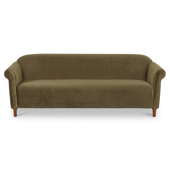 Dark green faux mohair loveseat sofa with rounded arms, tight back, and tapered legs