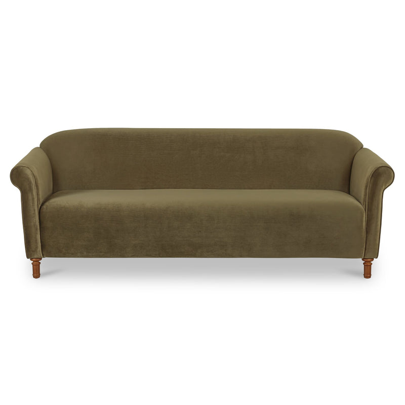 Dark green faux mohair loveseat sofa with rounded arms, tight back, and tapered legs
