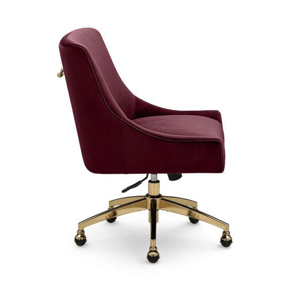 Burgundy office swivel chair with curved arms, gold base, and rolling casters