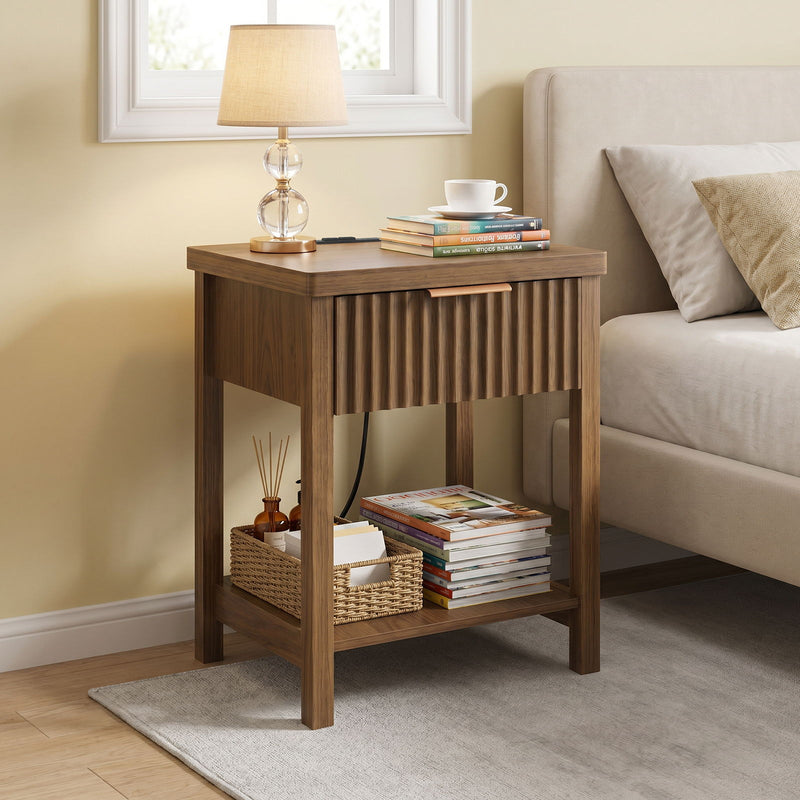 Walnut bedside table with fluted panel sides and open bottom shelf for storage