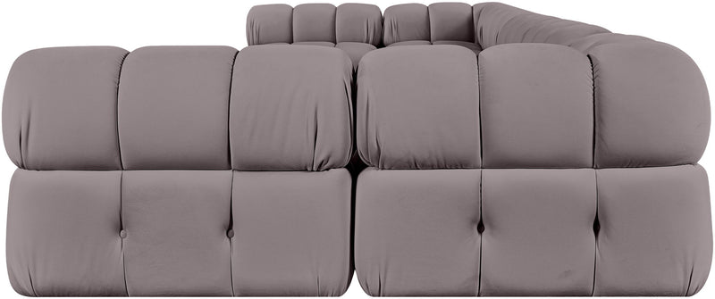 Gray U-shaped modular sectional sofa with padded back cushions and rounded armrests