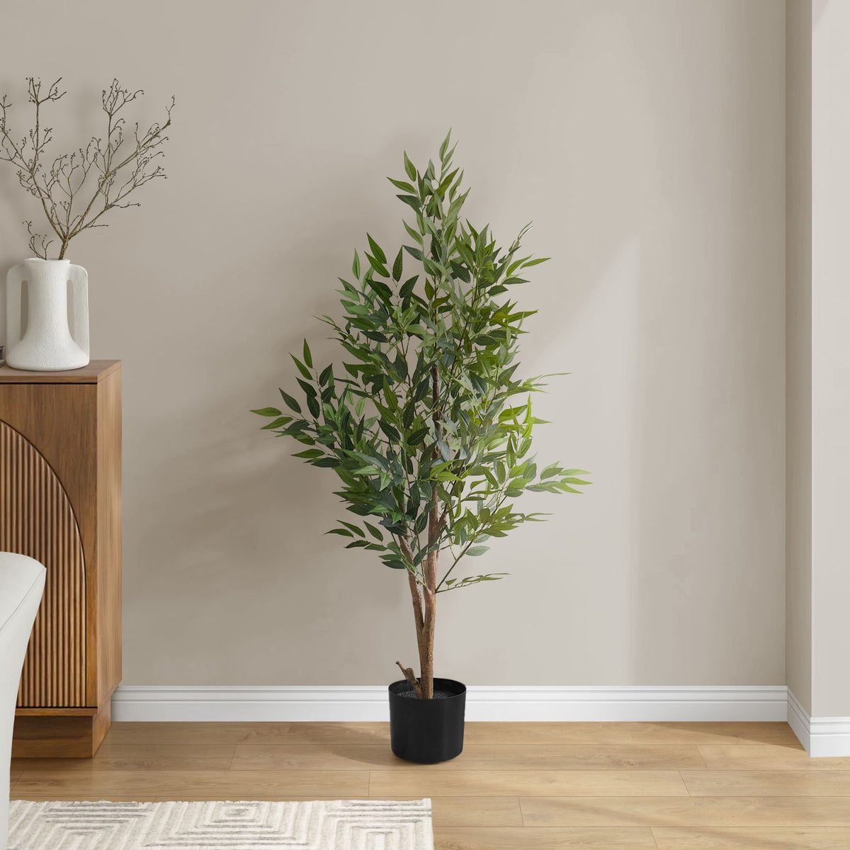 47" Tall, Artificial Plant, Acacia Tree, Indoor, Faux, Fake, Floor, Greenery, Potted, Silk, Decorative - Green / Black