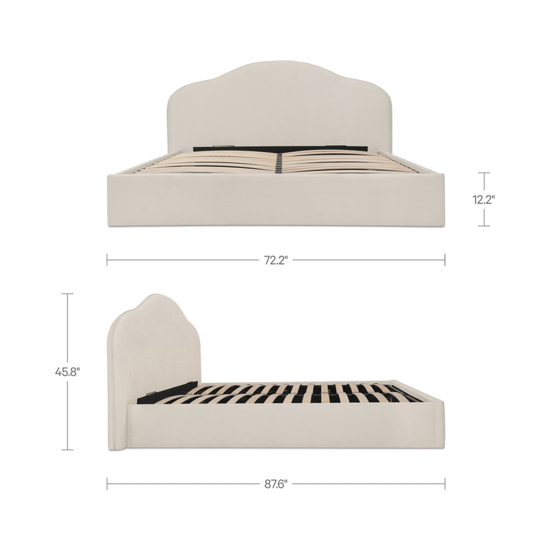 Cream queen storage bed with arched headboard and upholstered platform base