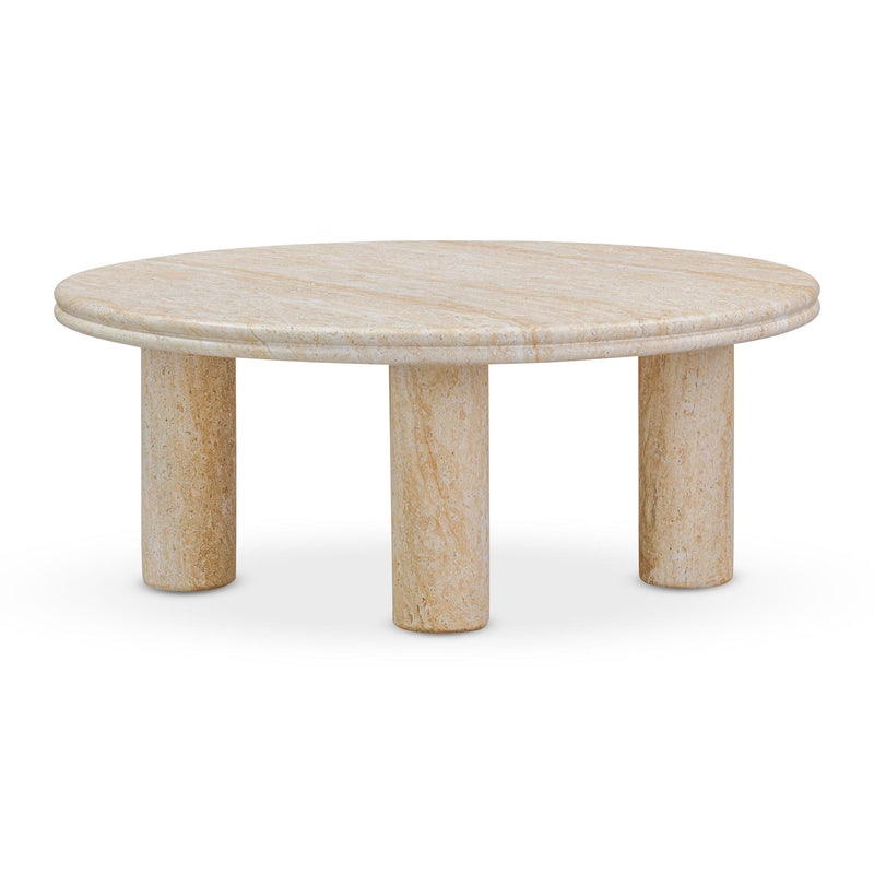 Beige round accent table with textured top and three short pedestal legs