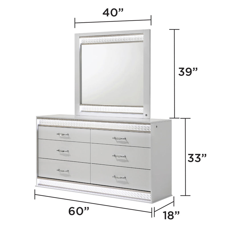 White LED light mirror mounted above 6-drawer white cabinet with metallic handles