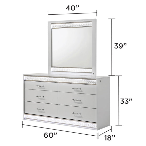 White dresser with mirror, front view with size dimensions 60 in x 18 in