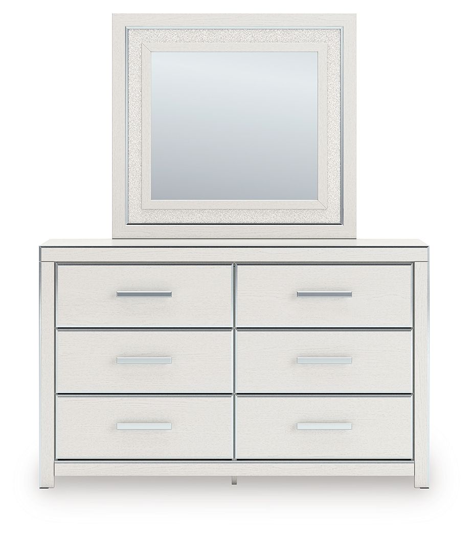 White upholstered-panel bedroom dresser with six drawers and square framed mirror