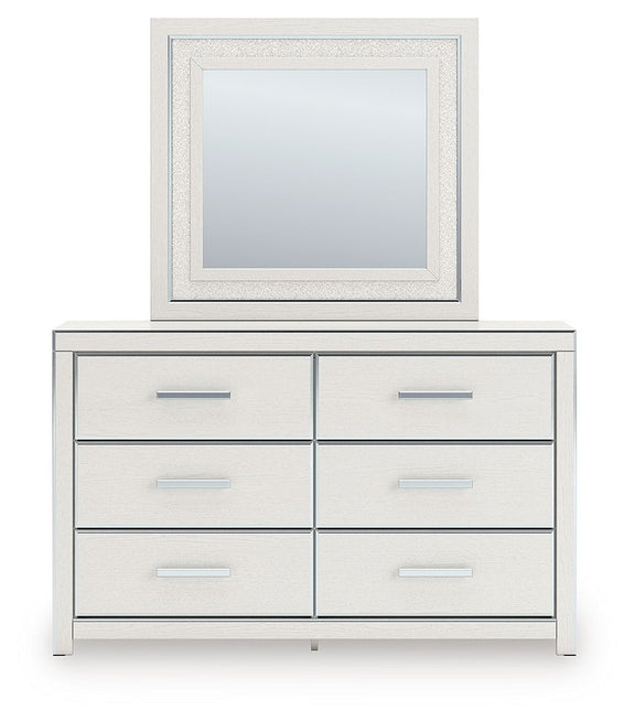 White upholstered-panel bedroom dresser with six drawers and square framed mirror