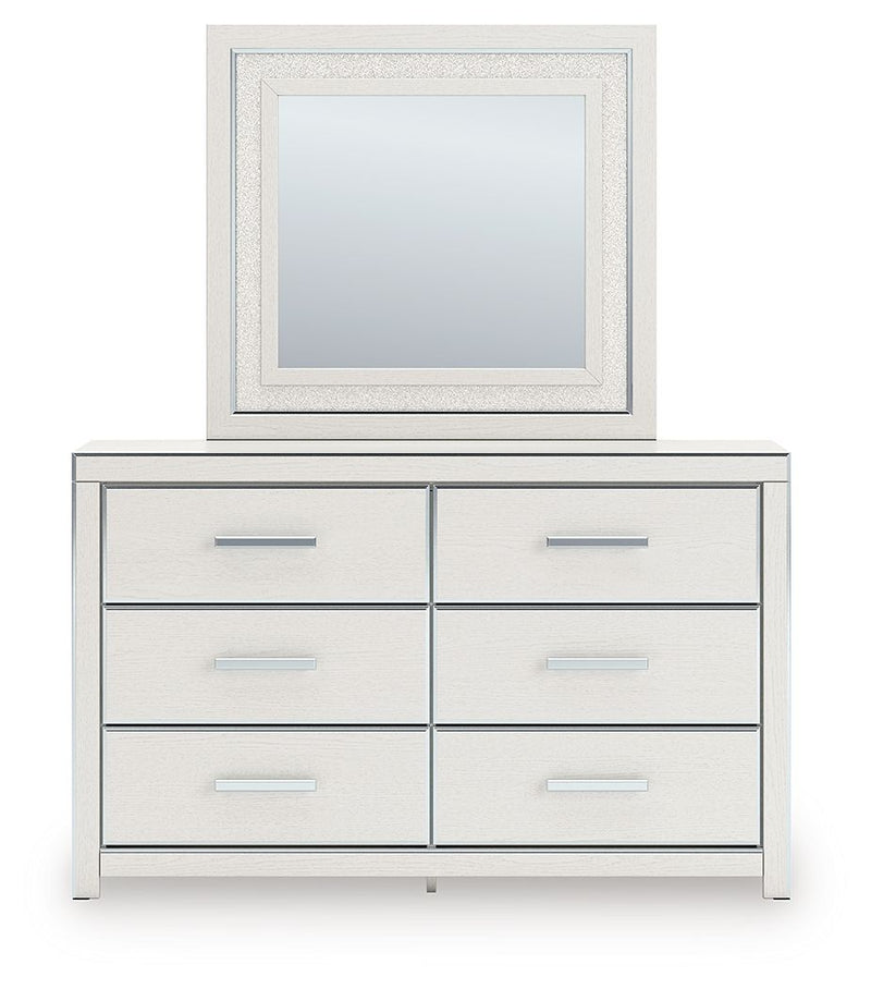 White upholstered-panel bedroom dresser with six drawers and square framed mirror
