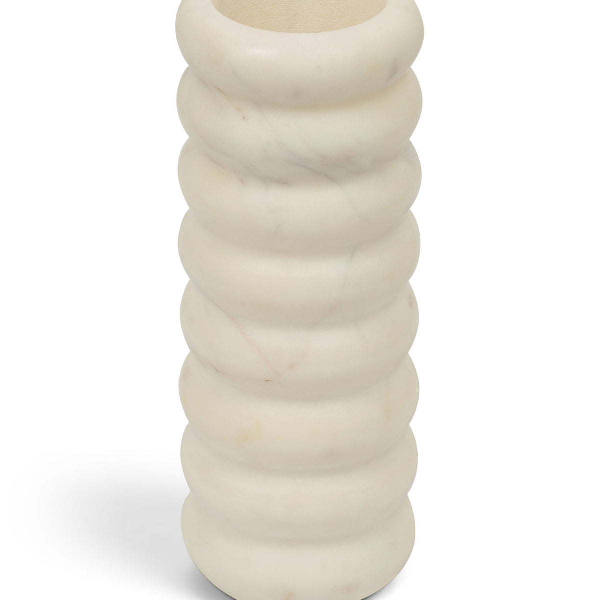 White genuine marble vase with ribbed, stacked band design and wide round opening