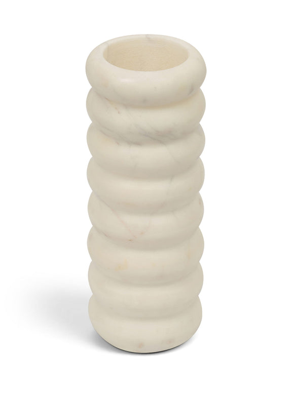 White genuine marble vase with ribbed, stacked band design and wide round opening