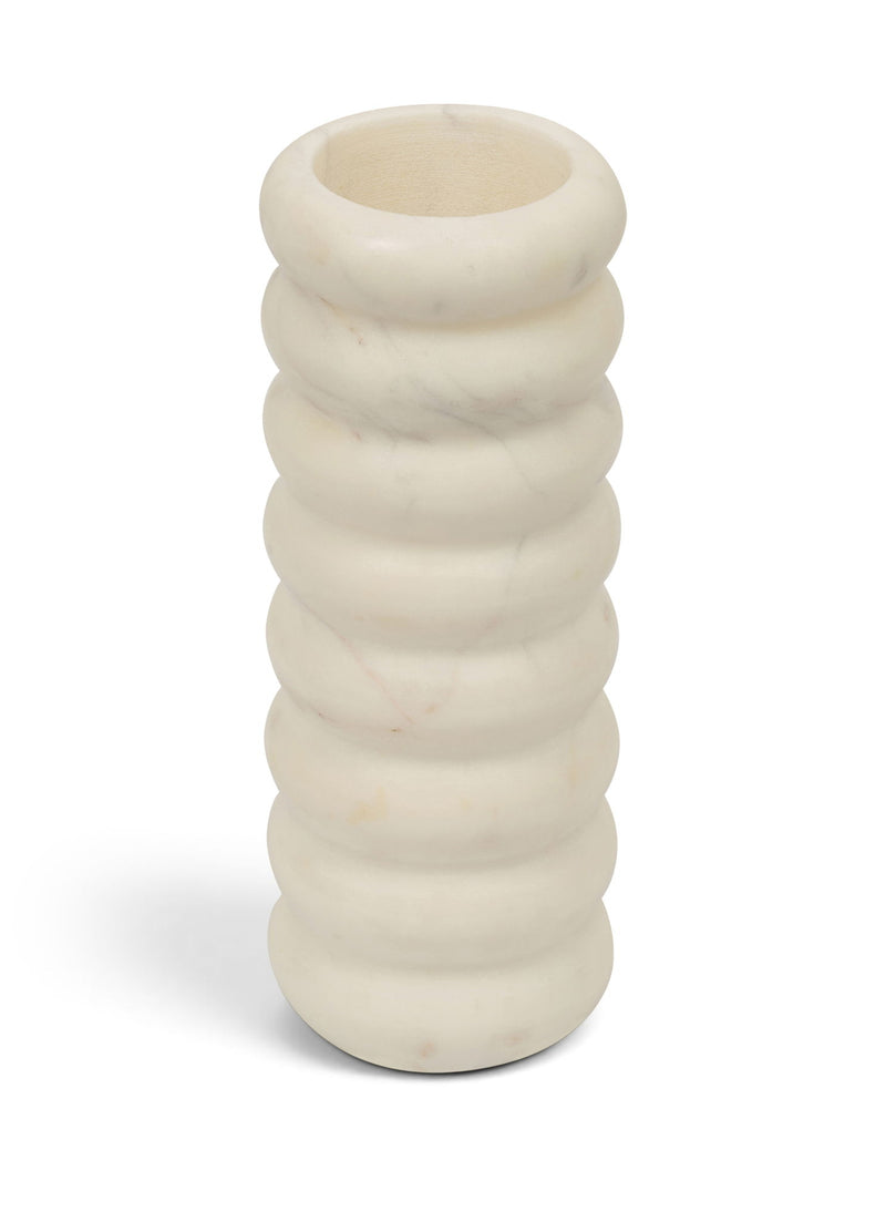 White genuine marble vase with ribbed, stacked band design and wide round opening
