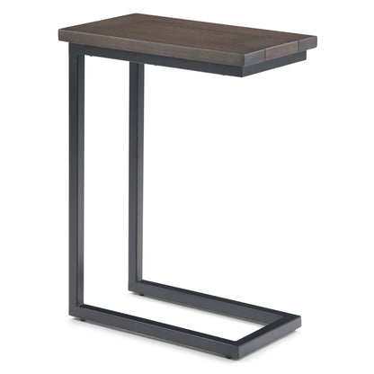 Dark wood top side table with tall black metal frame and open base