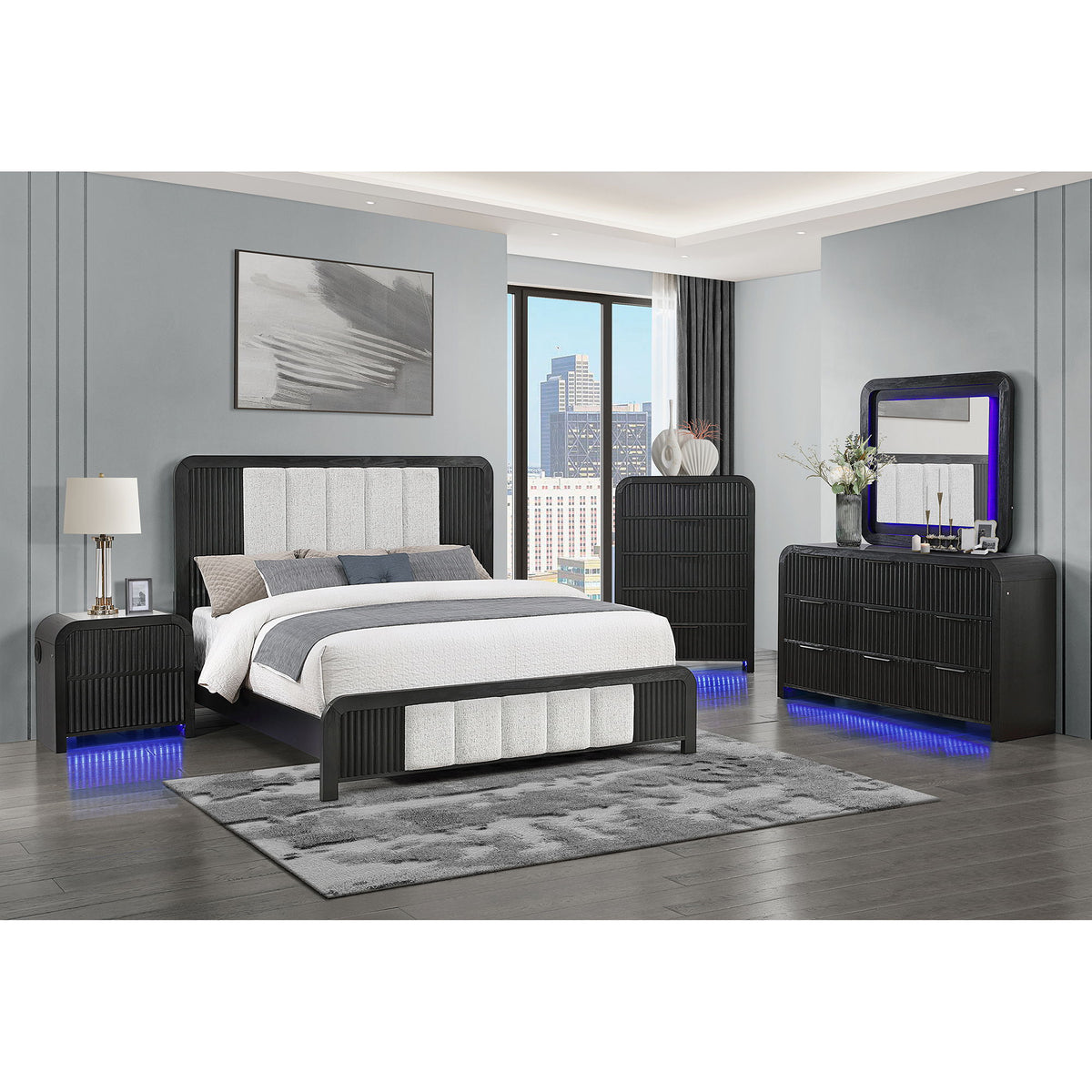 Black nightstand with speaker grille and blue LED lighting