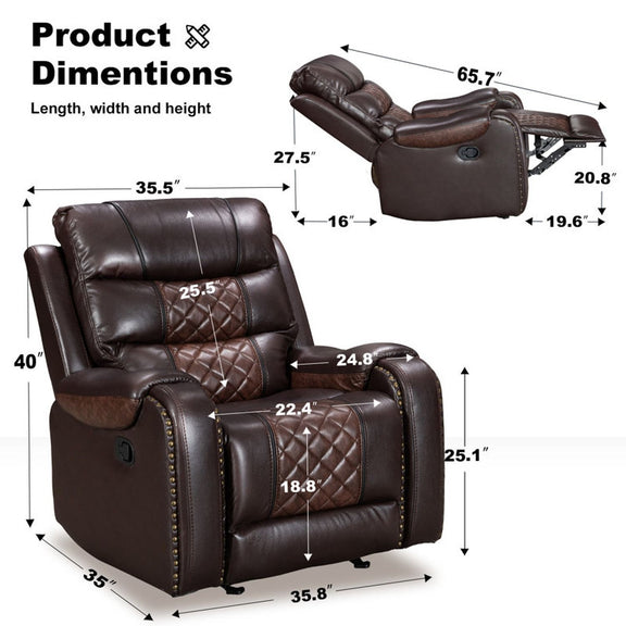 Brown heated massage recliner shown with front and side size dimensions