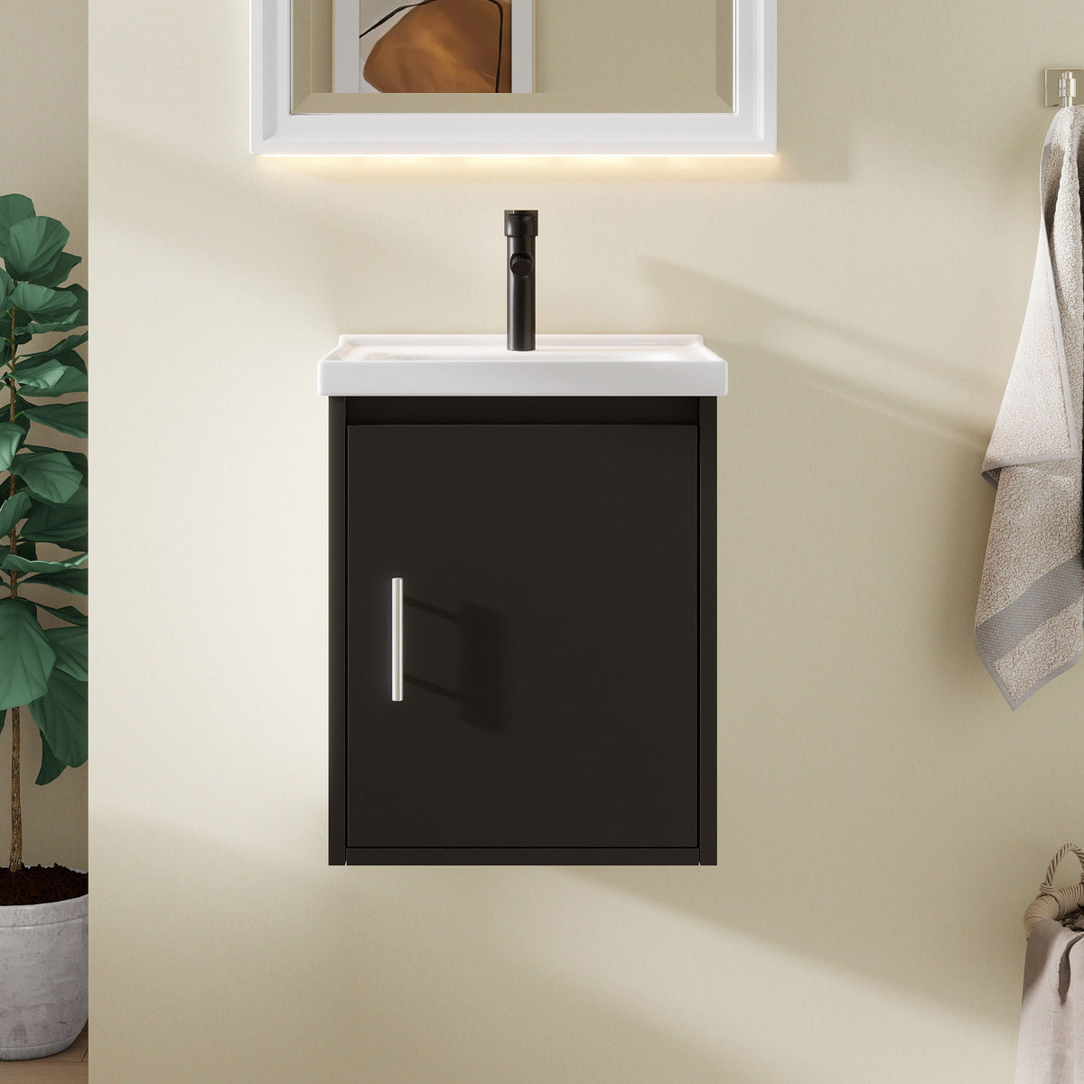 Wall-mounted bathroom vanity cabinet with ceramic sink, dark cabinet door and white countertop
