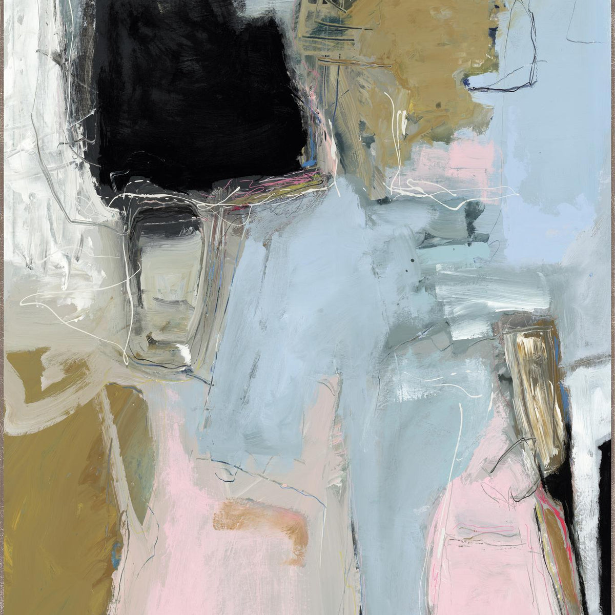 Abstract canvas painting with pastel blue and pink forms, gold accents, and dark shapes