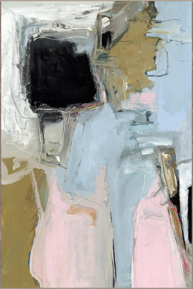 Abstract canvas painting with pastel blue and pink forms, gold accents, and dark shapes