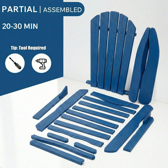 Navy folding Adirondack lounge chair parts for partial assembly, embossed wood-grain boards