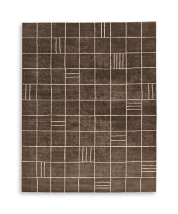 Dark brown rug with light beige geometric grid and striped line details
