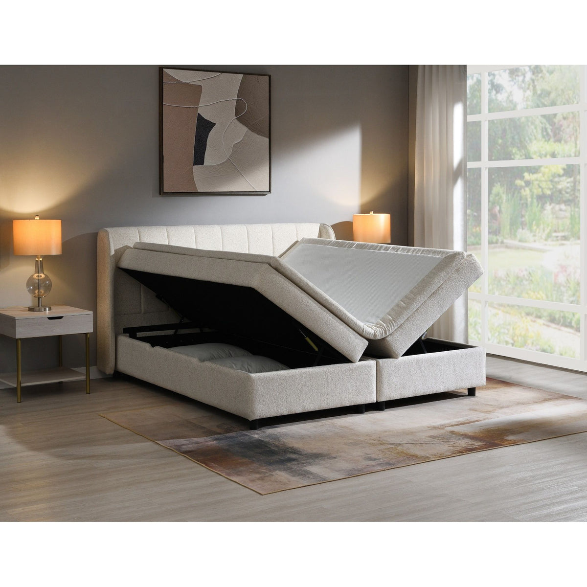 Beige upholstered storage bed with open hinged mattress showing dark storage interior