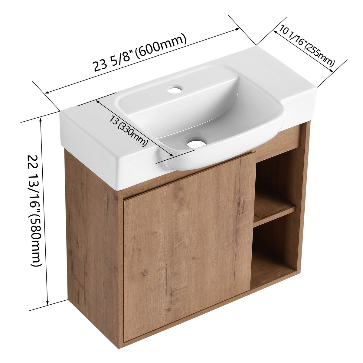 Compact bathroom vanity with dark wood cabinet and white sink basin