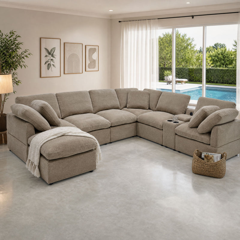 Light brown modular corner sofa with chaise and plush back cushions