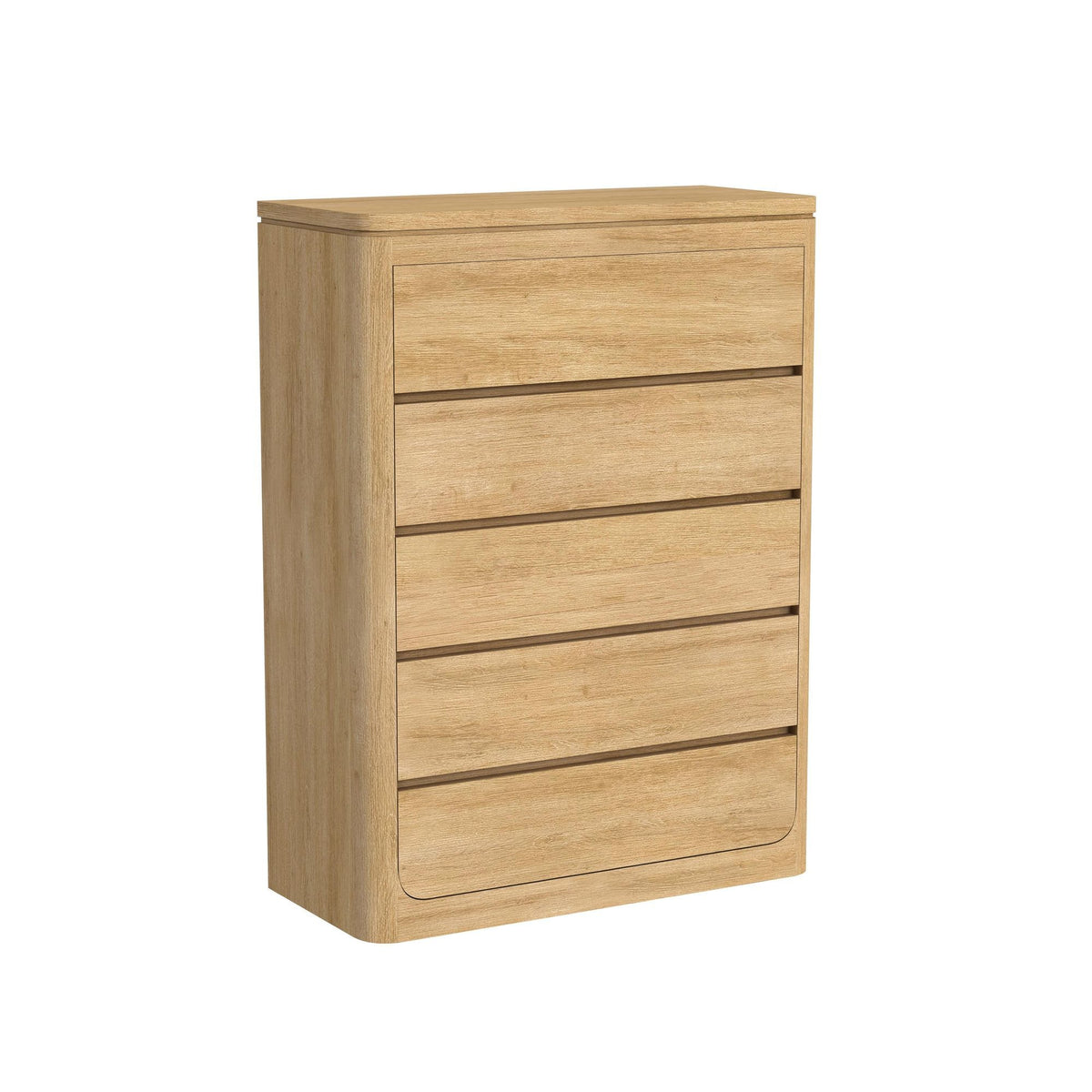 Rosalie accent chest in light brown, angled view with four drawers and curved bottom.