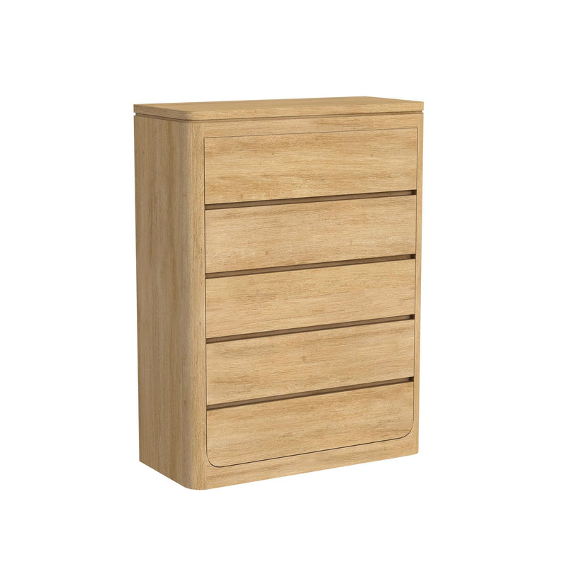 Rosalie accent chest in light brown, angled view with four drawers and curved bottom.