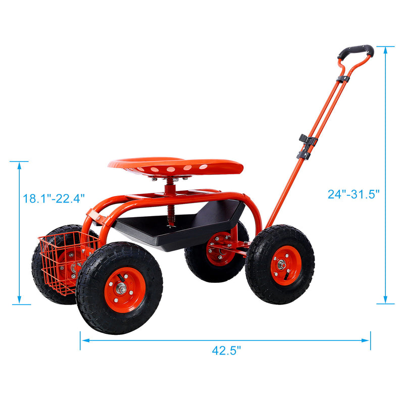 Red garden scooter cart with swivel seat, black tool tray, and three rubber wheels