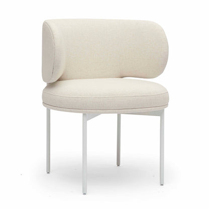 Off-white upholstered dining chair with rounded back and seat, tapered white legs