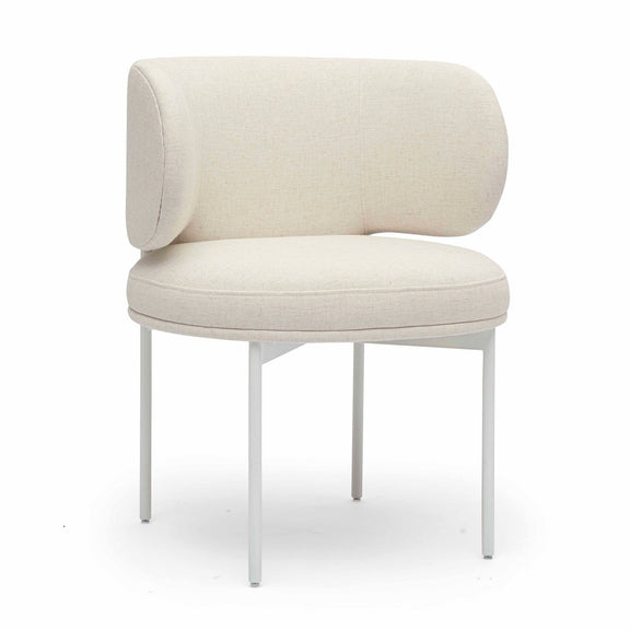 Off-white upholstered dining chair with rounded back and seat, tapered white legs