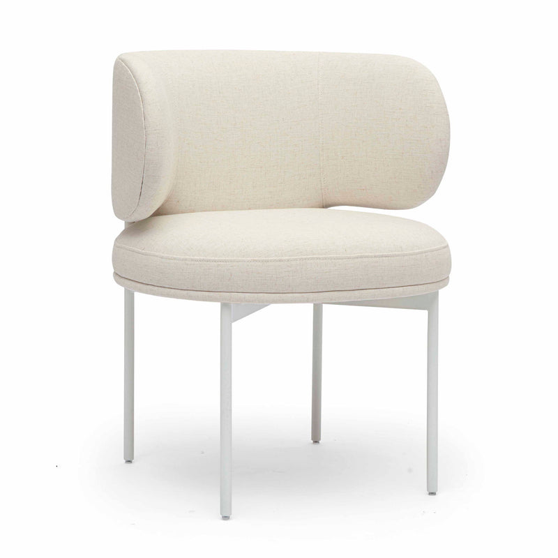Off-white upholstered dining chair with rounded back and seat, tapered white legs