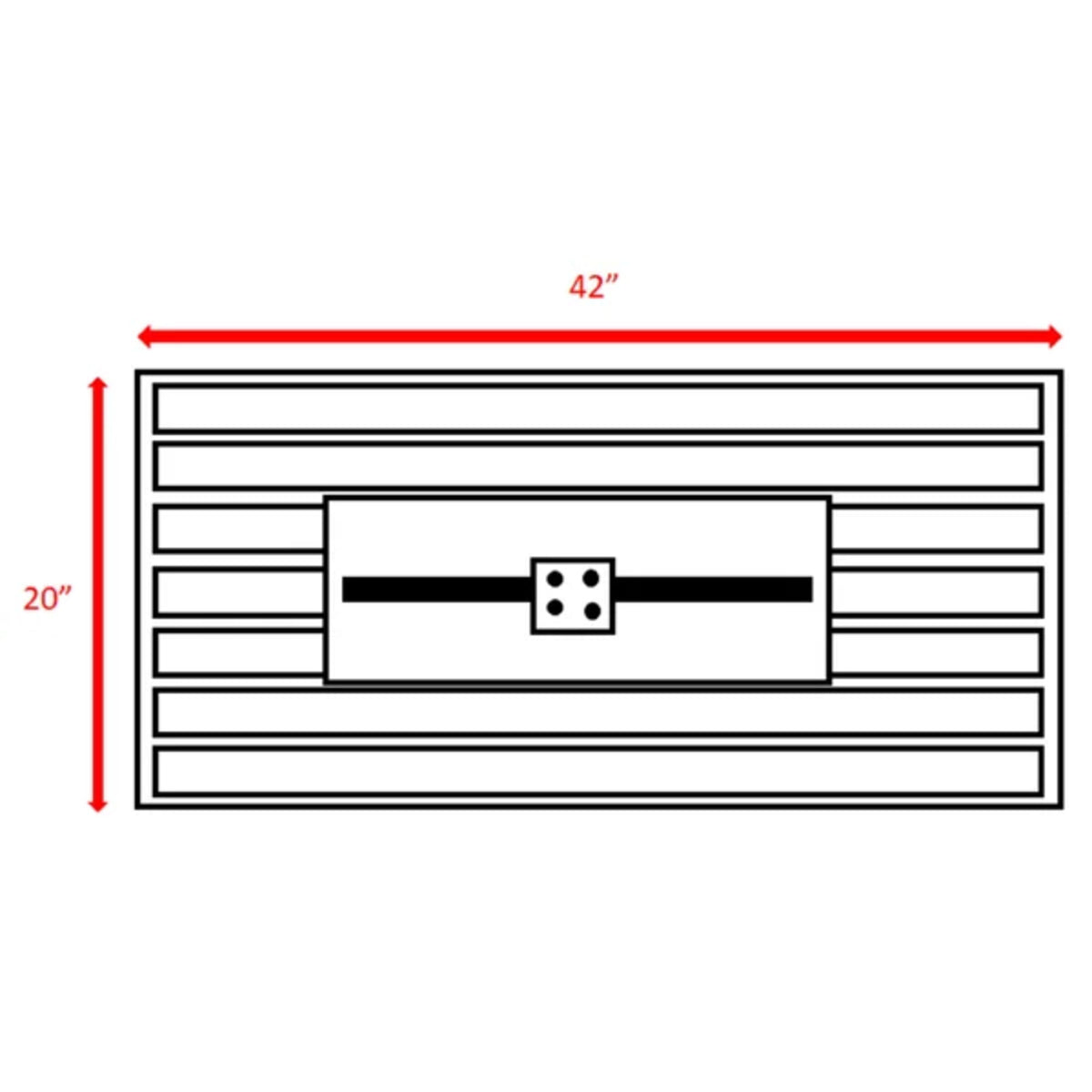 Propane fire pit table dimension diagram: 42 in wide, 20 in high