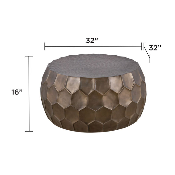 Round coffee table, bronze hex metal sides, gray top; 32in dia, 16in high