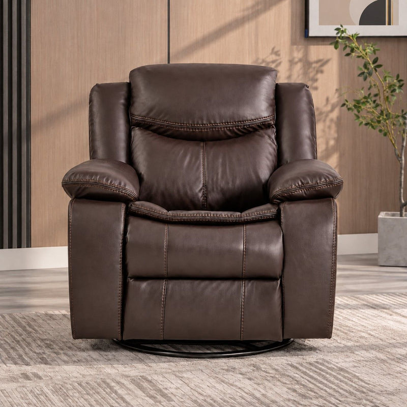 Dark brown rocker recliner chair with padded arms and tufted back cushion