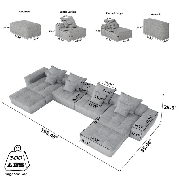 Gray modular sectional sofa layout diagram with center section, chaise lounge, armrest, ottoman