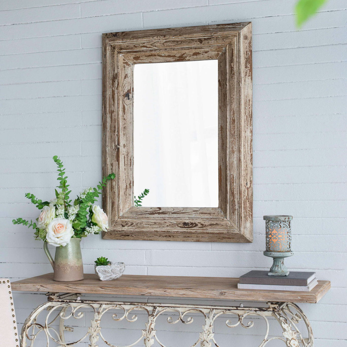 Rectangle Wall Accent Mirror With Distressed Wood Frame - Brown