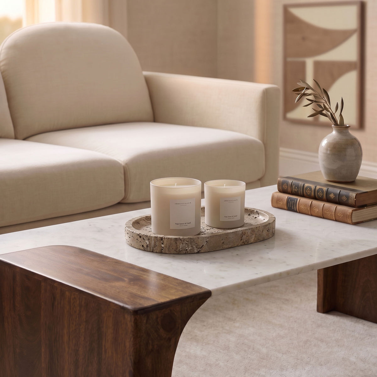 Beige travertine tray with candles on top, round low profile